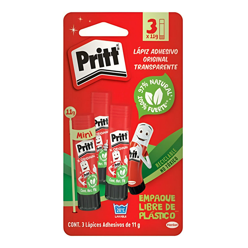 Pritt Lápiz Adhesivo, Es Un Pegamento Seguro Para Niños, Ideal Para Útiles Escolares Y Manualidades, Adhesivo Resistente Para Oficina Y Papelería, Pegamento Pritt, 3x11g