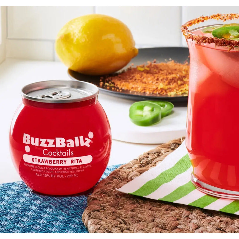 Buzzballz Strawberry Rita, Margarita Lista Para Beber, 200ml ,15% De Alcohol, Cóctel Preparado Con Tequila Y Jugo De Fresa, Con Notas Cítricas, Dulces Y Afrutadas