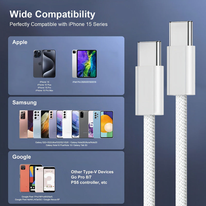Mr. Gadgets Cable Usb C Carga Rápida, Trenzado, Reforzado, Para iPhone 16/15 Series, 60w Tipo C A Usb-c, Compatible Con Samsung Galaxy, Macbook Pro, iPad Pro, iPad Air, Google Pixel Gris