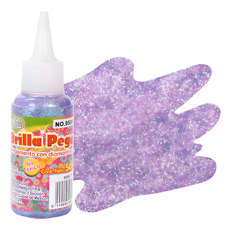 Diamantina Pegamento Brilla Pega Morado Claro 6 Pzas De 50ml Morado Claro