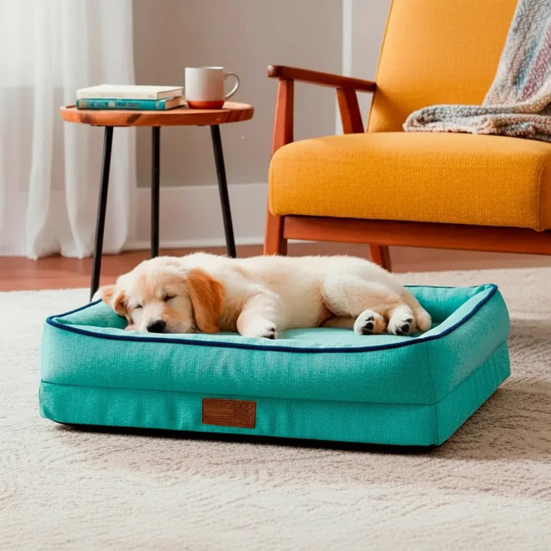 Cama Rectangular Con Bordes Color Turquesa Para Perro, Chico Turquesa Rectangular