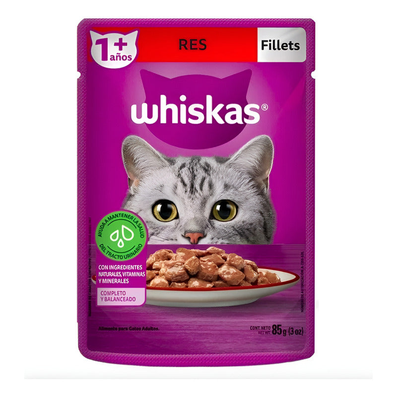 Alimento Gato Whiskas Fillets Sabor Res 85gr (12 Sobres)
