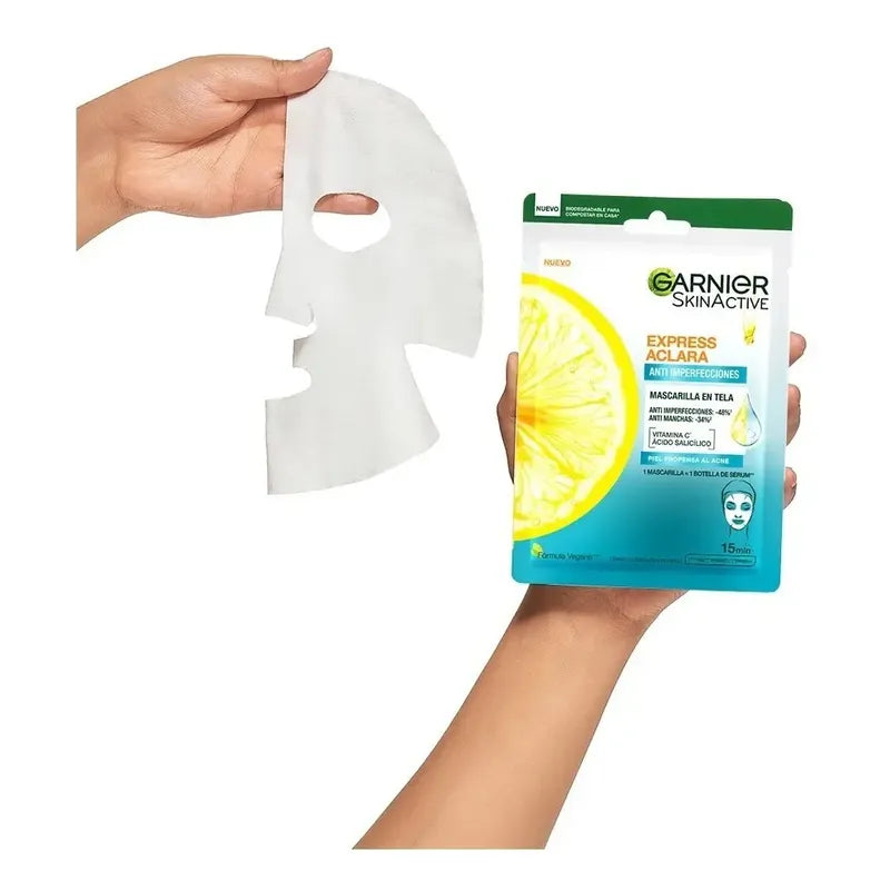 Garnier Express Aclara Mascarilla En Tela Anti Imperfecciones Con Ácido Salicílico Y Vitamina C, Reduce Manchas E Imperfecciones, Para Piel Propensa Al Acné 23 G Acneica