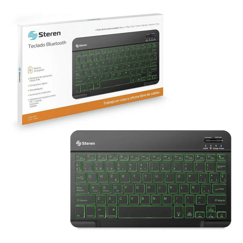 Teclado Bluetooth Recargable Iluminación Compacto Multicolor Negro Español Latinoamericano