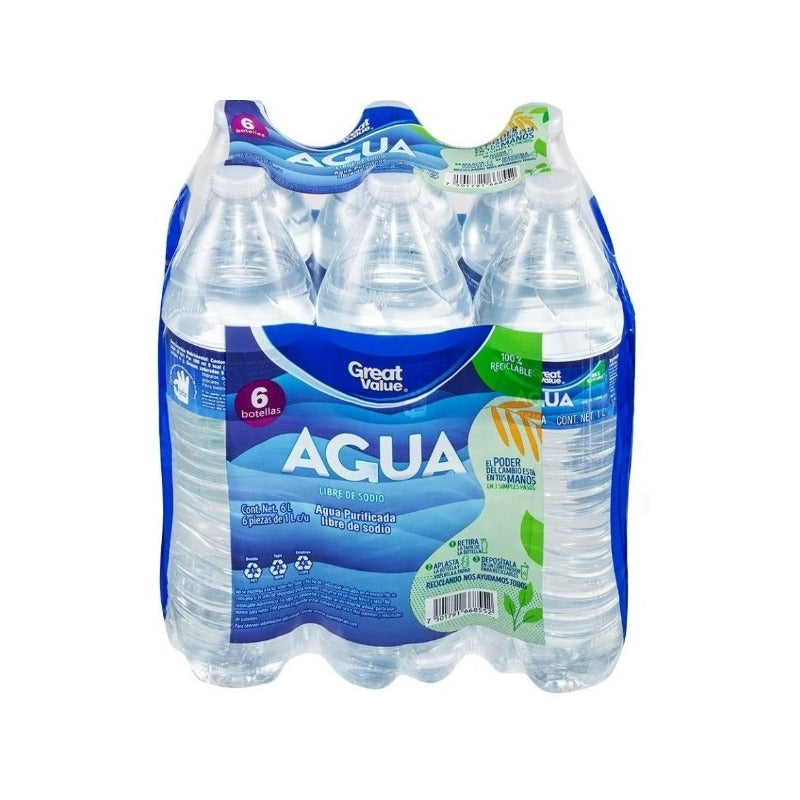 Agua Great Value 6 Botellas De 1 L C/u (3 Paq)