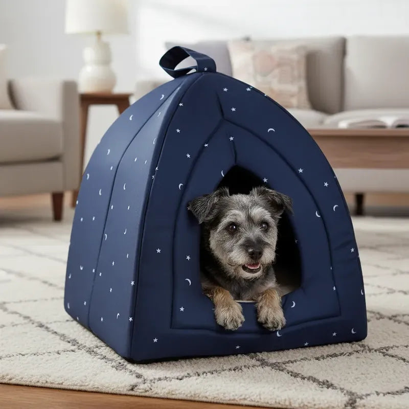 Cama Azul Tipo Cueva Patrón Estrellas Para Perro, Chico Azul Marino Cueva