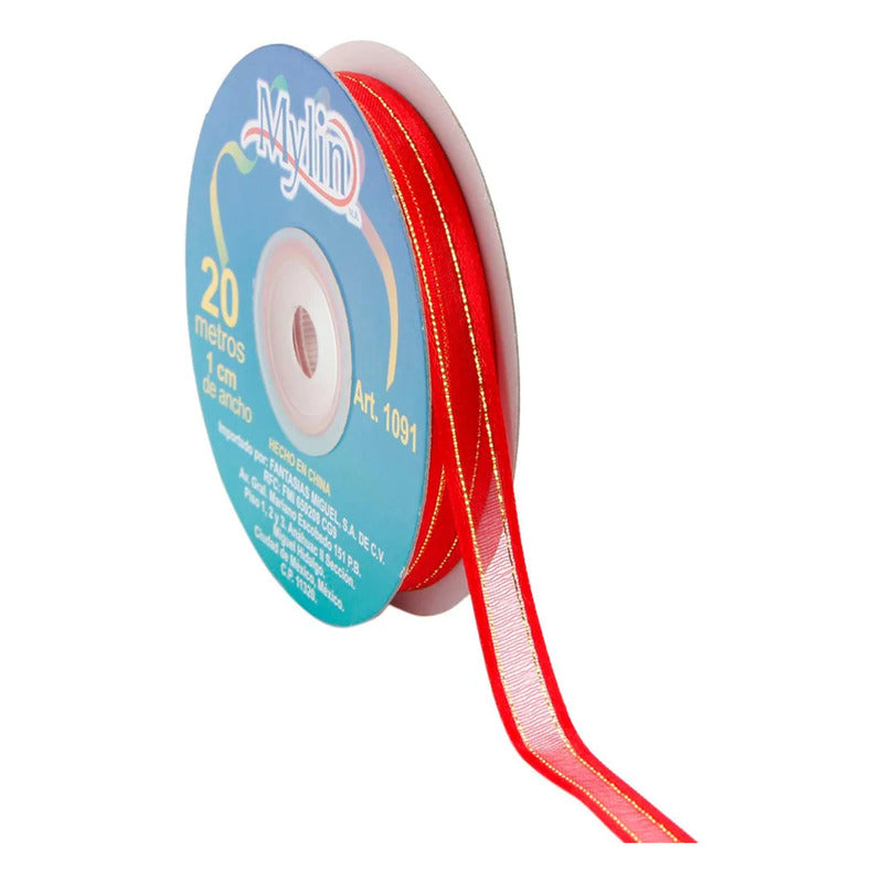 Listón De Organza Rojo Con Satín Y Cordón Metálico De 10mm Lisa