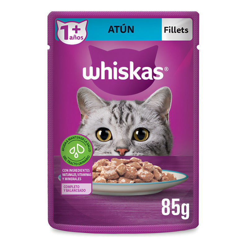 Whiskas - Sobres Para Gato, 24 Piezas, Sabor Filetes De Atún, 85g C/u., Fibra Natural, Minerales, Vitaminas A, Sin Conservadores