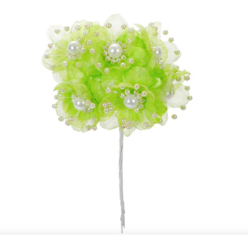 Ramito De 6 Rosas Con Perlas Color Verde De 10cm 9 Pz Verde Claro