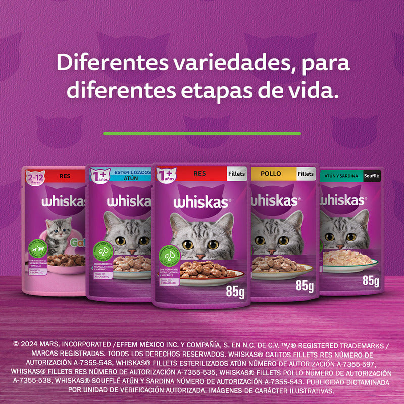 Whiskas - Sobres Para Gato, 24 Piezas, Sabor Filetes De Atún, 85g C/u., Fibra Natural, Minerales, Vitaminas A, Sin Conservadores