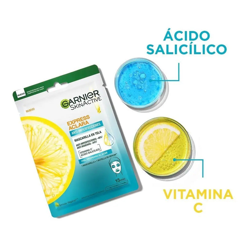 Garnier Express Aclara Mascarilla En Tela Anti Imperfecciones Con Ácido Salicílico Y Vitamina C, Reduce Manchas E Imperfecciones, Para Piel Propensa Al Acné 23 G Acneica