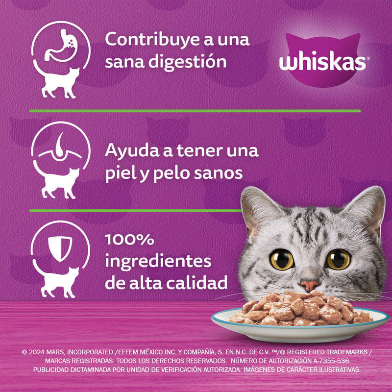 Whiskas - Sobres Para Gato, 24 Piezas, Sabor Filetes De Atún, 85g C/u., Fibra Natural, Minerales, Vitaminas A, Sin Conservadores