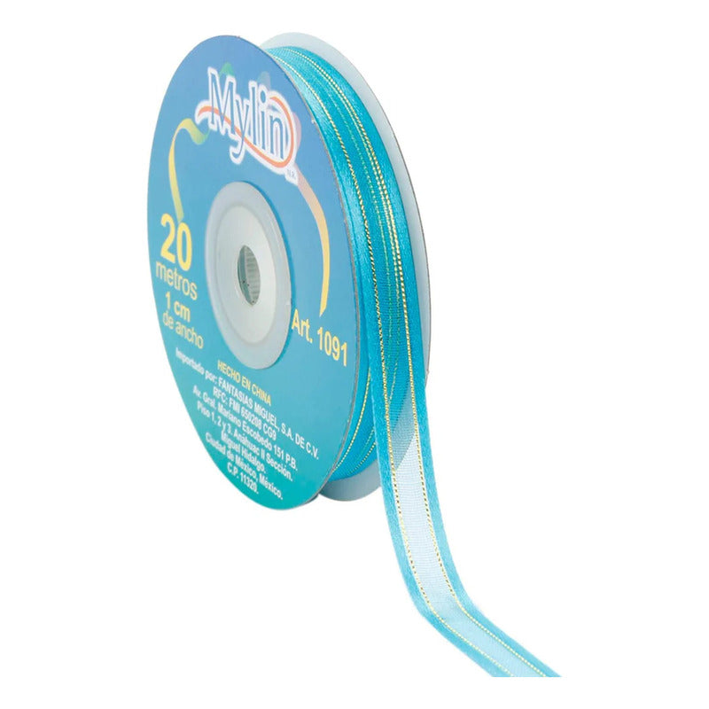 Listón Turquesa Organza Satín Con Cordón Metálico 10mm 20m Turquesa Lisa