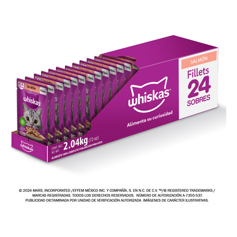 Whiskas - Alimento Húmedo Para Gatos, Sabor Salmón, Con Ingredientes Naturales, Calcio, Minerales, Vitamina A Y Taurina, 24 Sobres, 85g C/u.