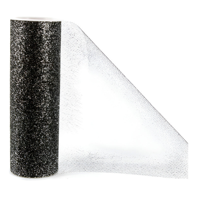 Tul  Negro Con Diamantina 15cm 5m Negro Rayas