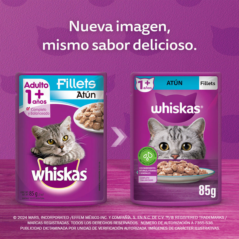 Whiskas - Sobres Para Gato, 24 Piezas, Sabor Filetes De Atún, 85g C/u., Fibra Natural, Minerales, Vitaminas A, Sin Conservadores