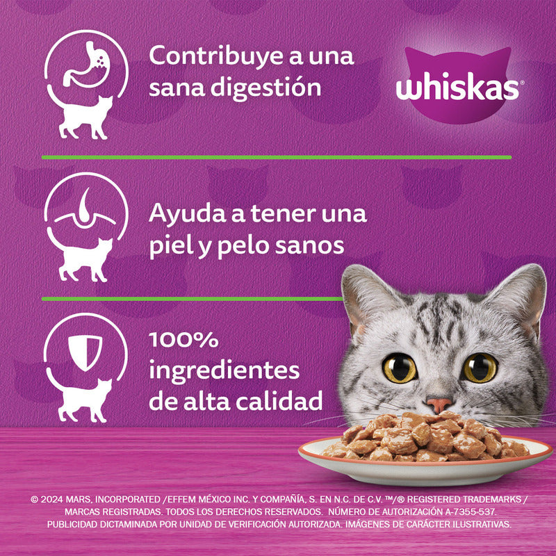 Whiskas - Alimento Húmedo Para Gatos, Sabor Salmón, Con Ingredientes Naturales, Calcio, Minerales, Vitamina A Y Taurina, 24 Sobres, 85g C/u.