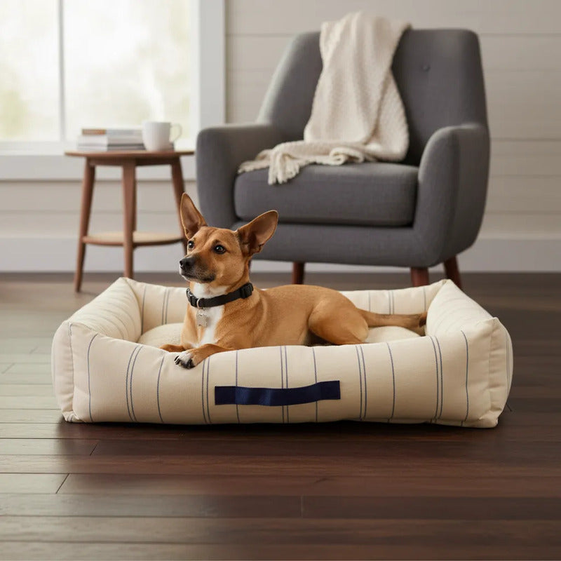 Cama Con Asa Con Bordes Color Crema Para Perro, Mediano Beige Rectangular