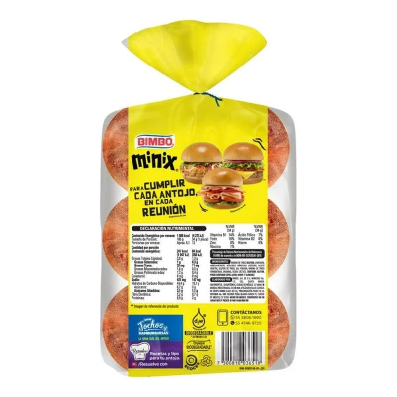 Pan Para Hamburguesas Bimbo Minix Plain 12p 408 G (3 Piezas)