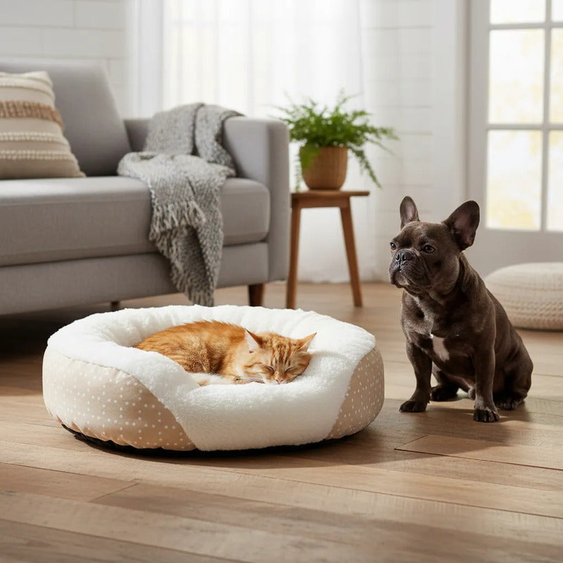 Cama Ovalada Borde Alto Diseño Polka Rosa Para Perro, Chico Rosa Circular