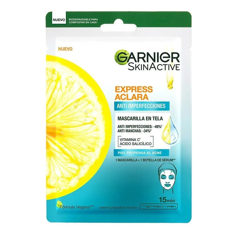 Garnier Express Aclara Mascarilla En Tela Anti Imperfecciones Con Ácido Salicílico Y Vitamina C, Reduce Manchas E Imperfecciones, Para Piel Propensa Al Acné 23 G Acneica