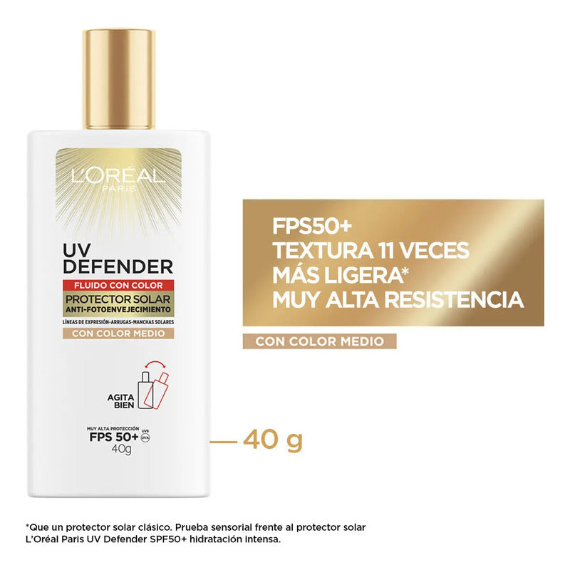 L'oreal Paris Protector Solar Fluid Fps50+ Uv Defender, Tono Medio 40ml