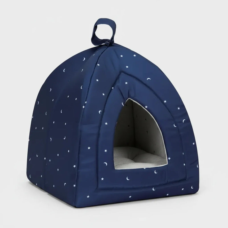 Cama Azul Tipo Cueva Patrón Estrellas Para Perro, Chico Azul Marino Cueva