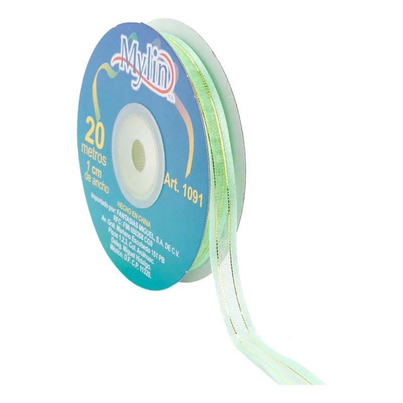 Listón Menta Organza Satín Con Cordón Metálico 10mm 20m Menta Lisa