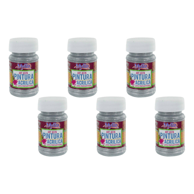 Pintura Acrílica Color Metálico Plata Brillante 6 Pz De 35ml Plata Brillante