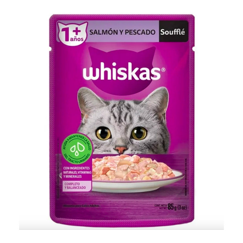 Alimento Whiskas Soufflé Salmón Y Pescado 85gr (6 Sobres)