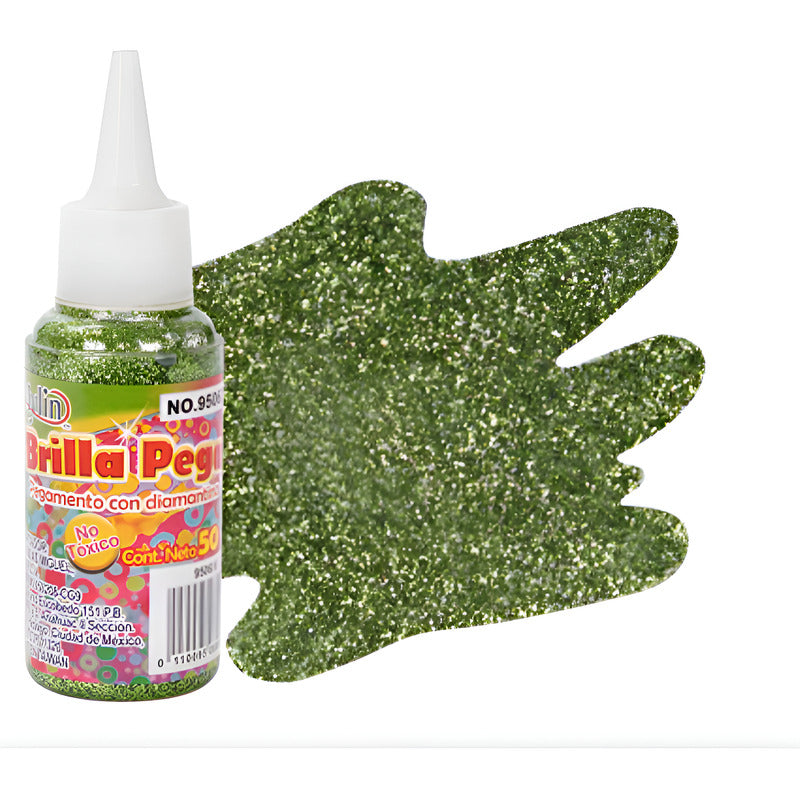 Diamantina Con Pegamento Brilla Pega Verde Lima 6 Pz De 50ml Verde Lima