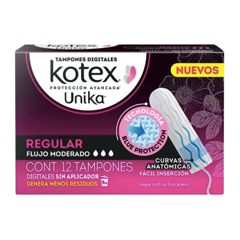 Tampones Kotex Unika Regular Flujo Moderado 3 Paq De 12 Pzas