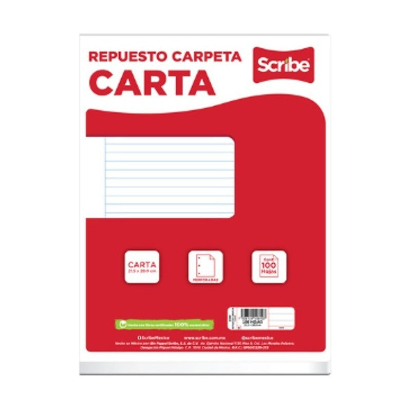 Repuesto Para Carpeta Scribe/carta/ 5 Paquetes Con 100 Hojas