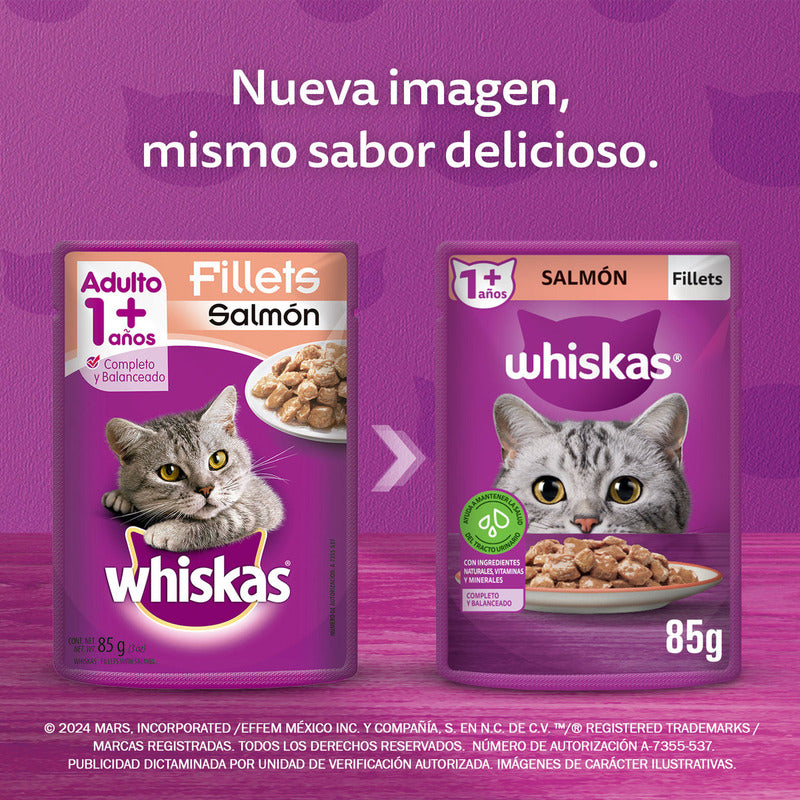 Whiskas - Alimento Húmedo Para Gatos, Sabor Salmón, Con Ingredientes Naturales, Calcio, Minerales, Vitamina A Y Taurina, 24 Sobres, 85g C/u.