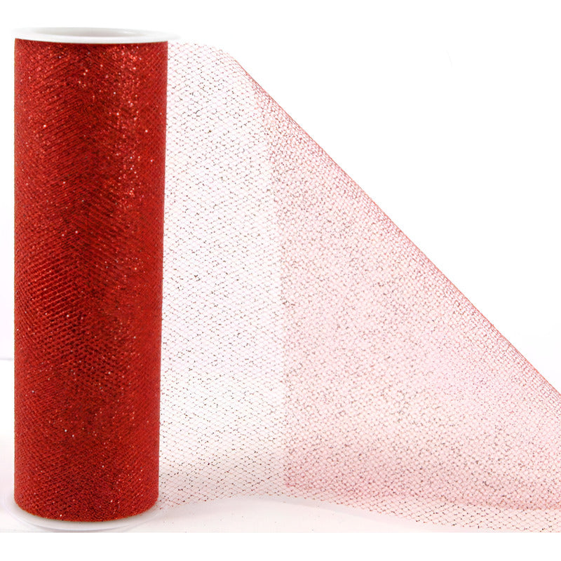 Tul Rojo Con Diamantina 15cm 5m Rojo Rayas