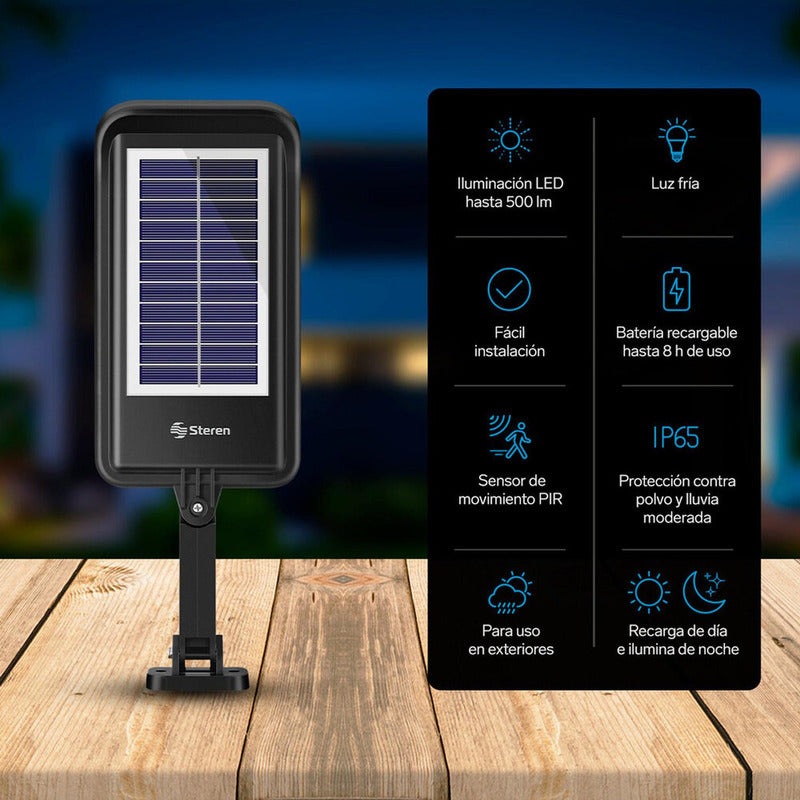 Steren Lámpara Led Con Sensor De Movimiento, Panel Solar | Lam-081 Negro