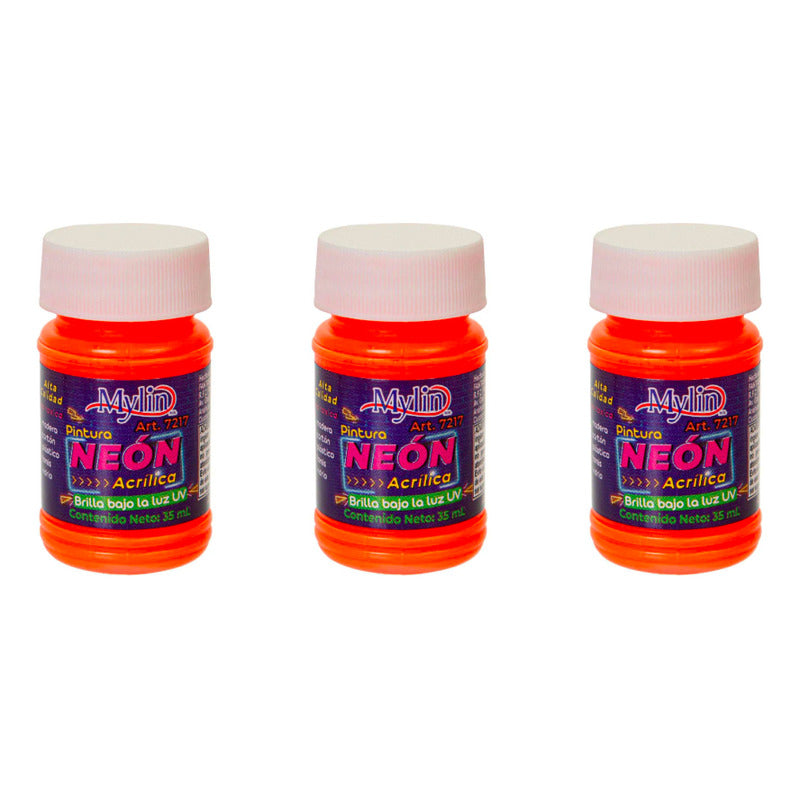Pintura Acrílica Color Naranja Neón 3 Piezas De 35ml Naranja Neón