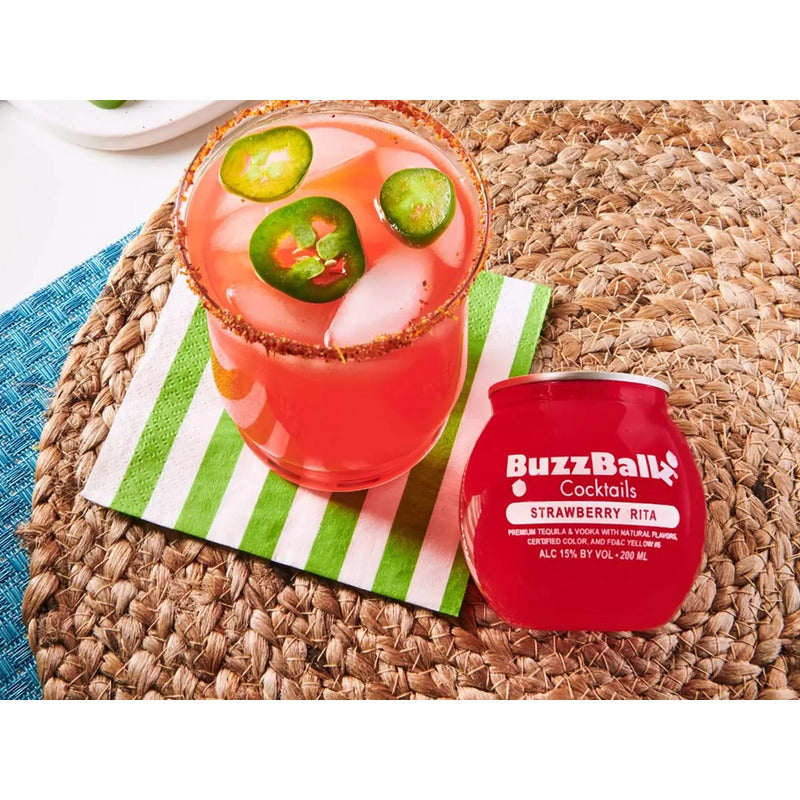 Buzzballz Strawberry Rita, Margarita Lista Para Beber, 200ml ,15% De Alcohol, Cóctel Preparado Con Tequila Y Jugo De Fresa, Con Notas Cítricas, Dulces Y Afrutadas