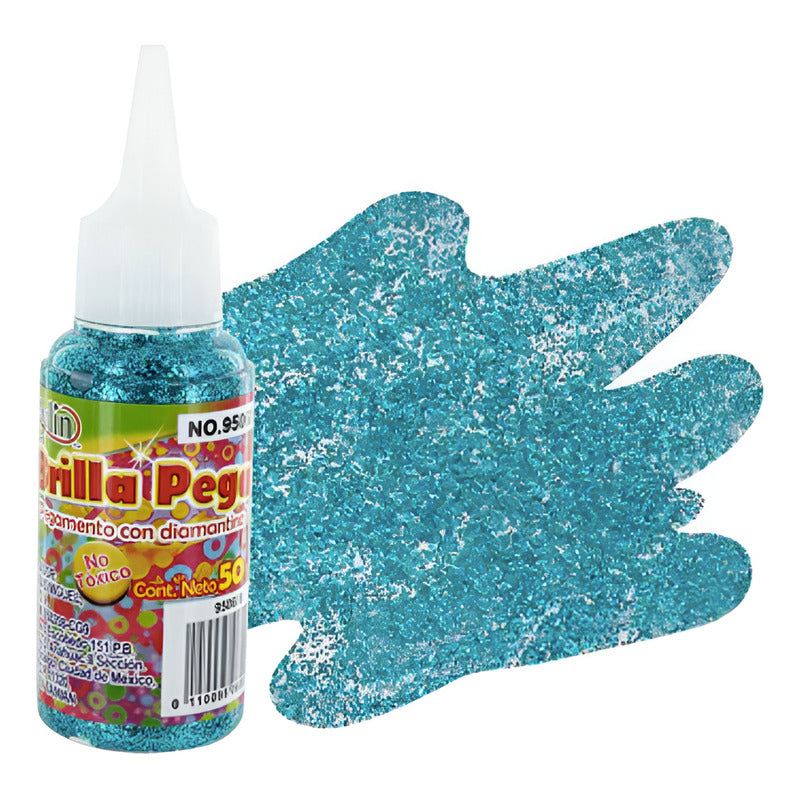 Diamantina Con Pegamento Brilla Pega Verde Agua 6 Pz De 50ml Verde Agua