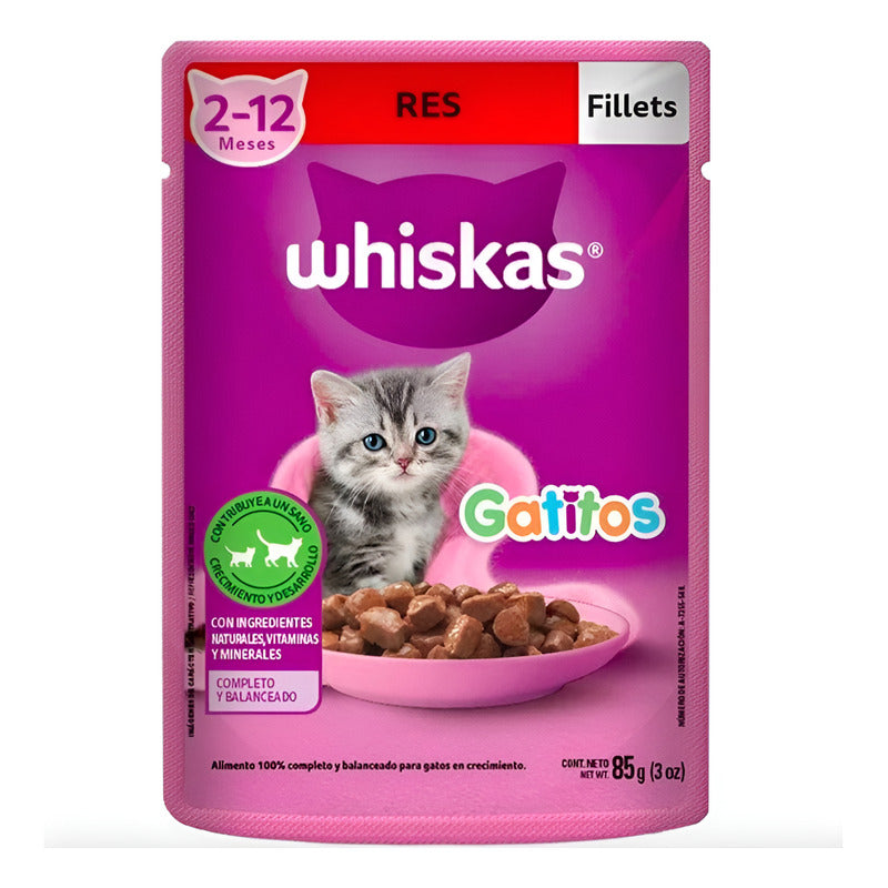 Alimento Gato Whiskas Gatitos Fillets Res 85gr (24 Sobres)