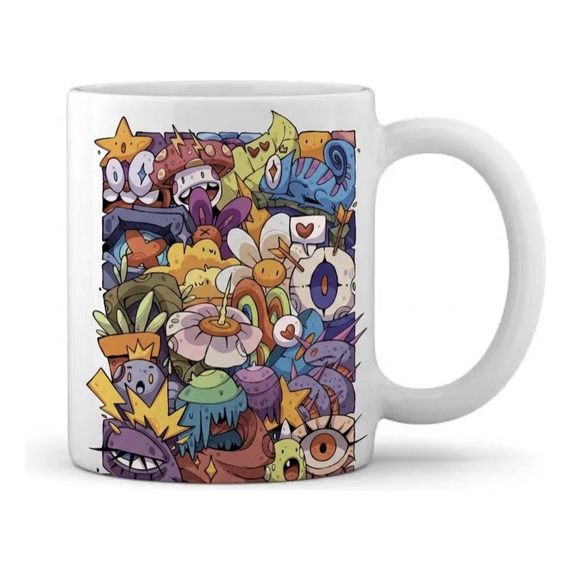 Taza De Cerámica Blanca Con Diseño Doodle Art Monstruos 11oz Blanco Emojis