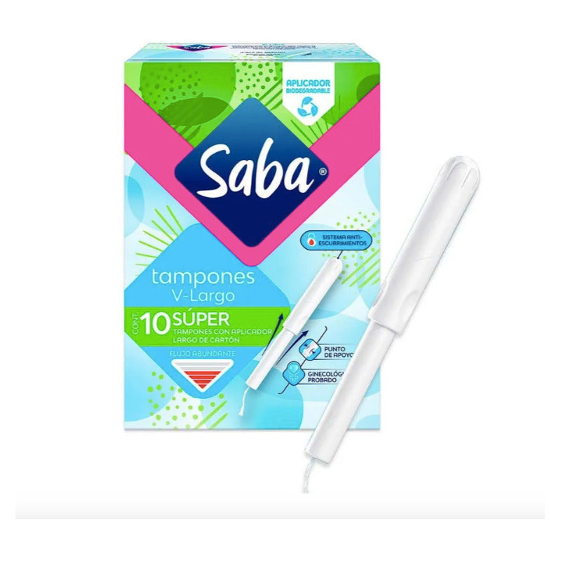 Tampones Saba V-largo Super Flujo Abundante 6 Paq Con 10 Pzs