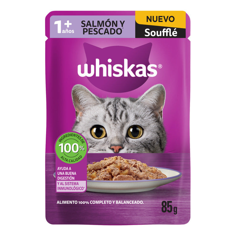 Pack X24 Sobres Alimento De Gato Whiskas Soufflé Salmón Y Pescado