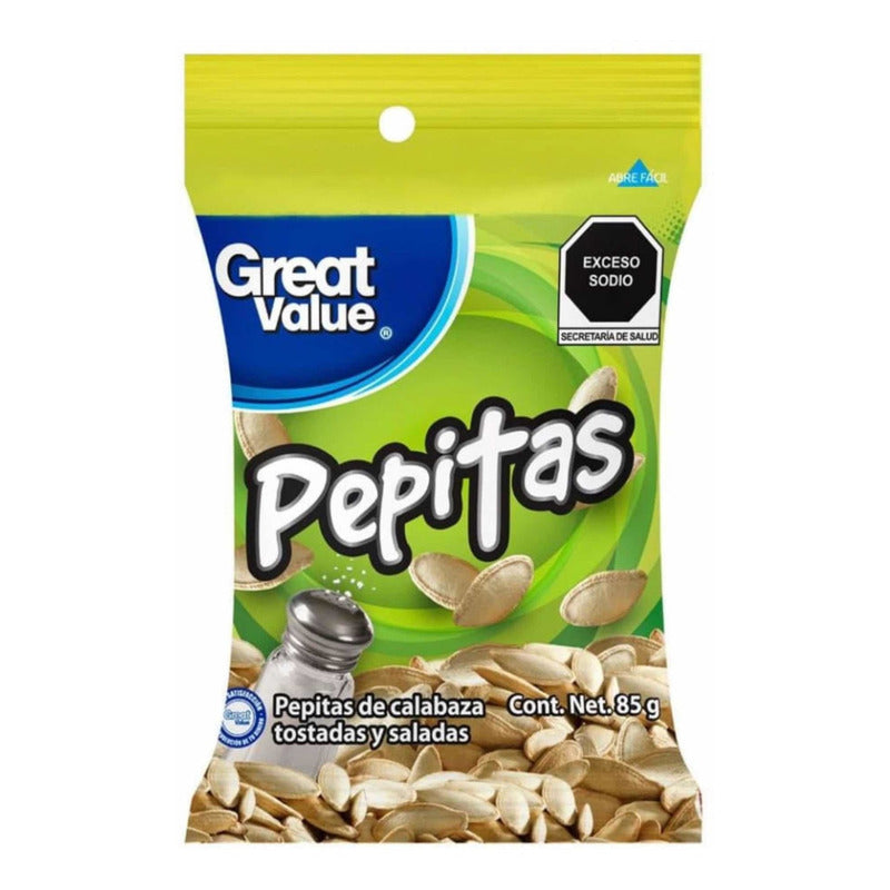 Botana Pepitas Great Value Tostadas Y Saladas 85g 10pzas