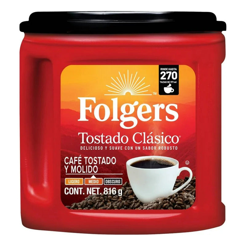 Café Tostado Molido Folgers Clásico Tueste Medio 816g (2pzs)