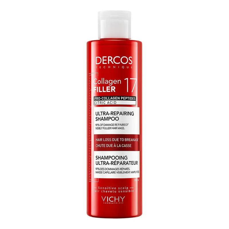Vichy Dercos Collagen 17 Shampoo Ultra Reparador De Daño Y Caída Con Péptidos Pro-colágeno Para Cabello Dañado Y Quebradizo, Cabello Más Fuerte Y Con Mayor Densidad, 200 Ml