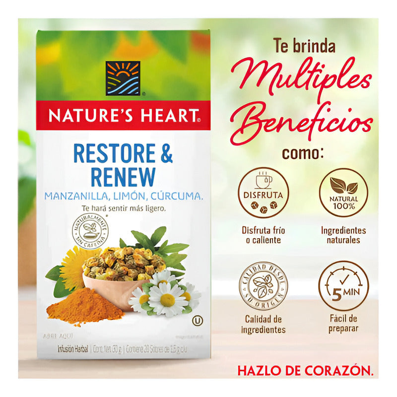 Sobres De Té Restore & Renew Manzanilla, Curcuma Y Diente De Leon 30g Nature's Heart