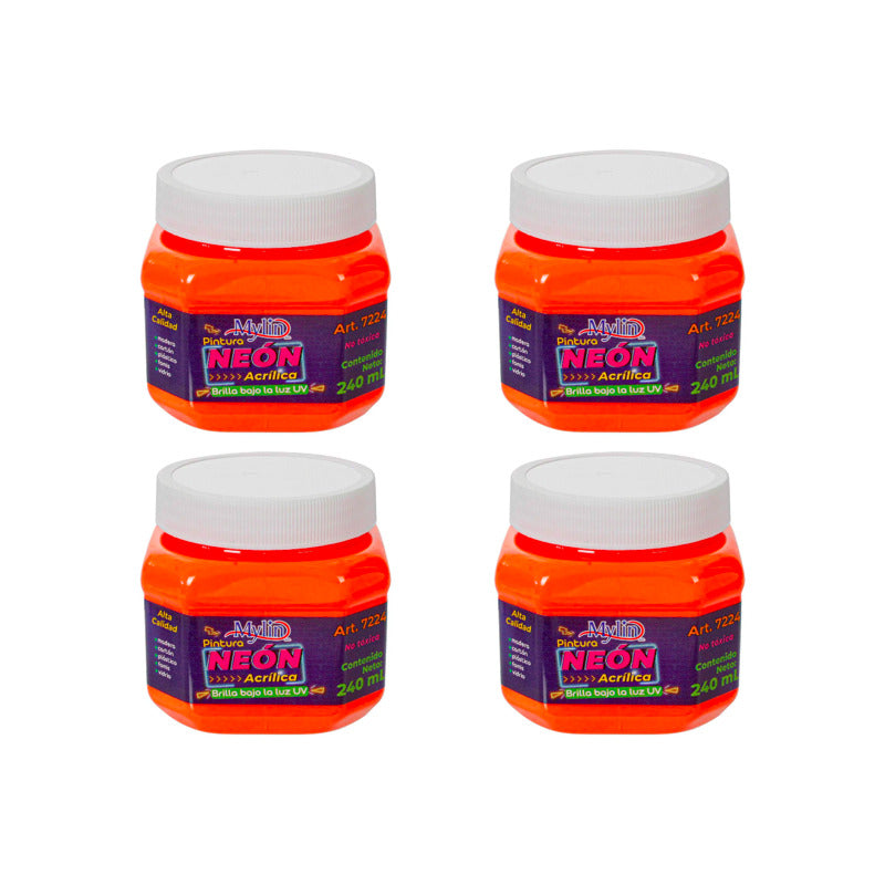 Pintura Acrílica Naranja Neón 4 Piezas De 240ml Naranja Neón
