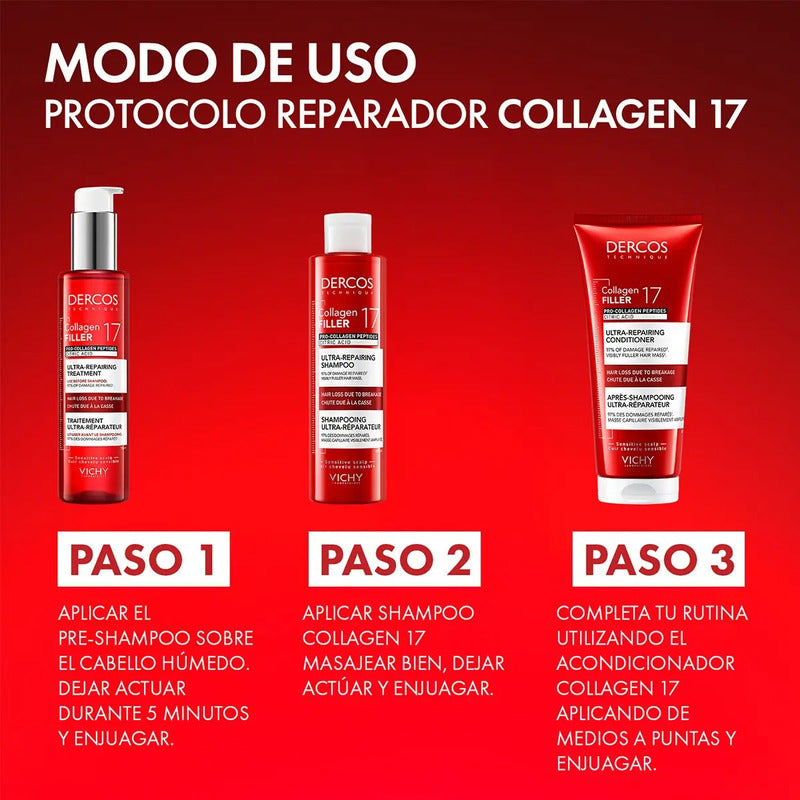 Vichy Dercos Collagen 17 Shampoo Ultra Reparador De Daño Y Caída Con Péptidos Pro-colágeno Para Cabello Dañado Y Quebradizo, Cabello Más Fuerte Y Con Mayor Densidad, 200 Ml