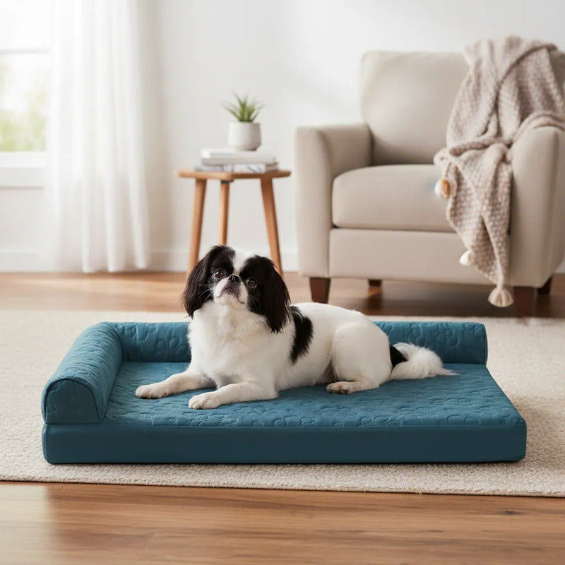 Cama Extendida Patrón Huellas Para Perro, Mediano Azul Petróleo Lounge